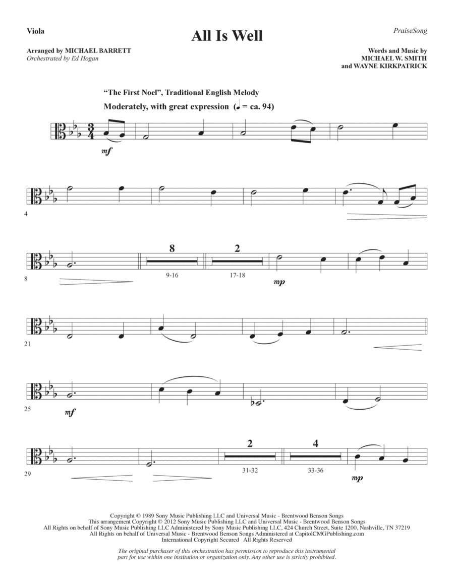 All Is Well (arr. Michael Barrett) - Viola Choir scores gallery preview page 1