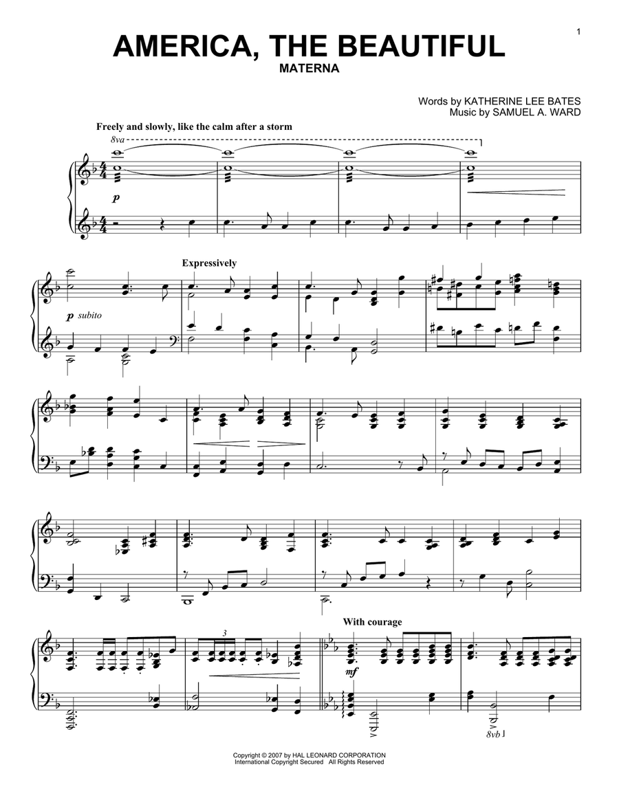 America, The Beautiful Piano Solo scores gallery preview page 1