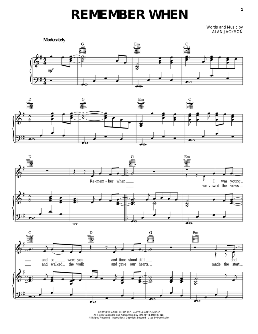 Remember When Piano, Vocal, Guitar scores gallery preview page 1