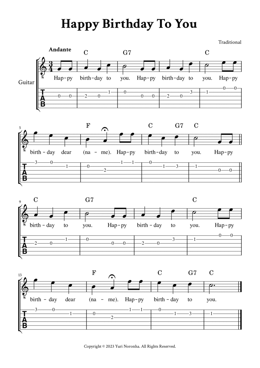 Happy Birthday To You - For Classical Guitar (C Major - with TAB, Chords and Lyrics) Acoustic Guitar scores gallery preview page 1