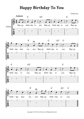 Happy Birthday To You - For Classical Guitar (C Major - with TAB, Chords and Lyrics)