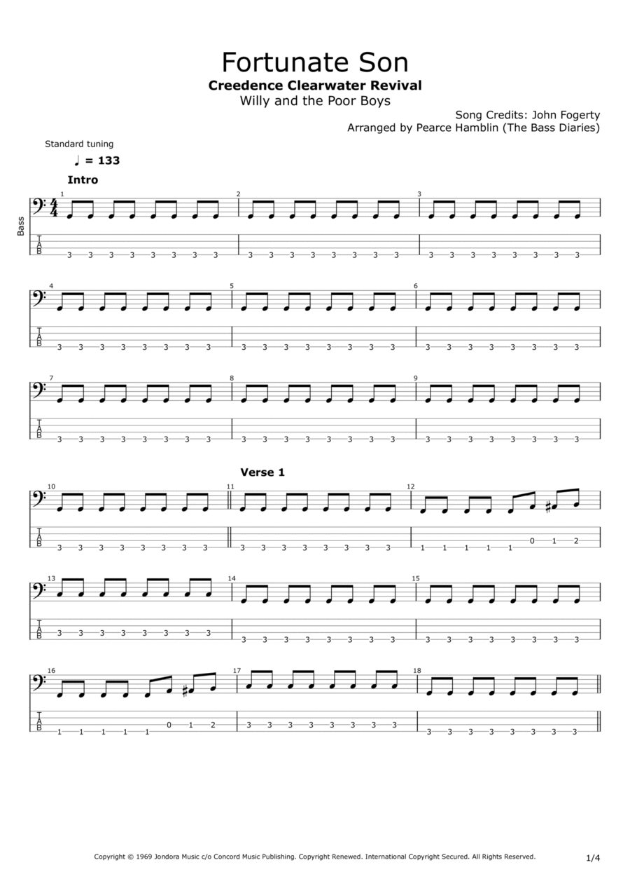 Fortunate Son Bass Guitar scores gallery preview page 1