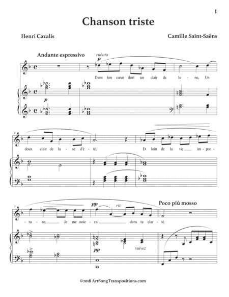 SAINT-SAËNS: Chanson triste (transposed to F major)