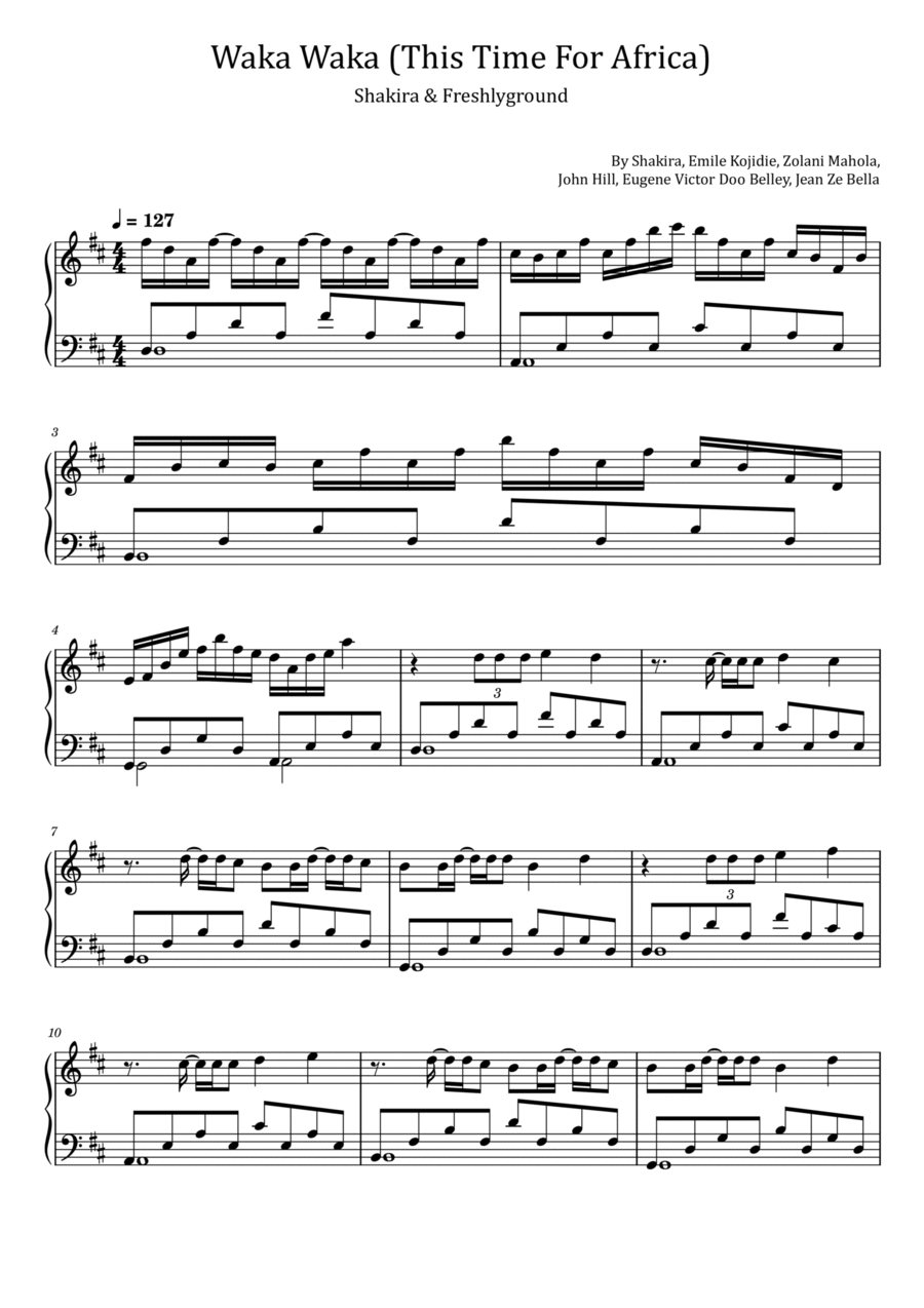 Waka Waka (this Time For Africa) Piano Solo scores gallery preview page 1