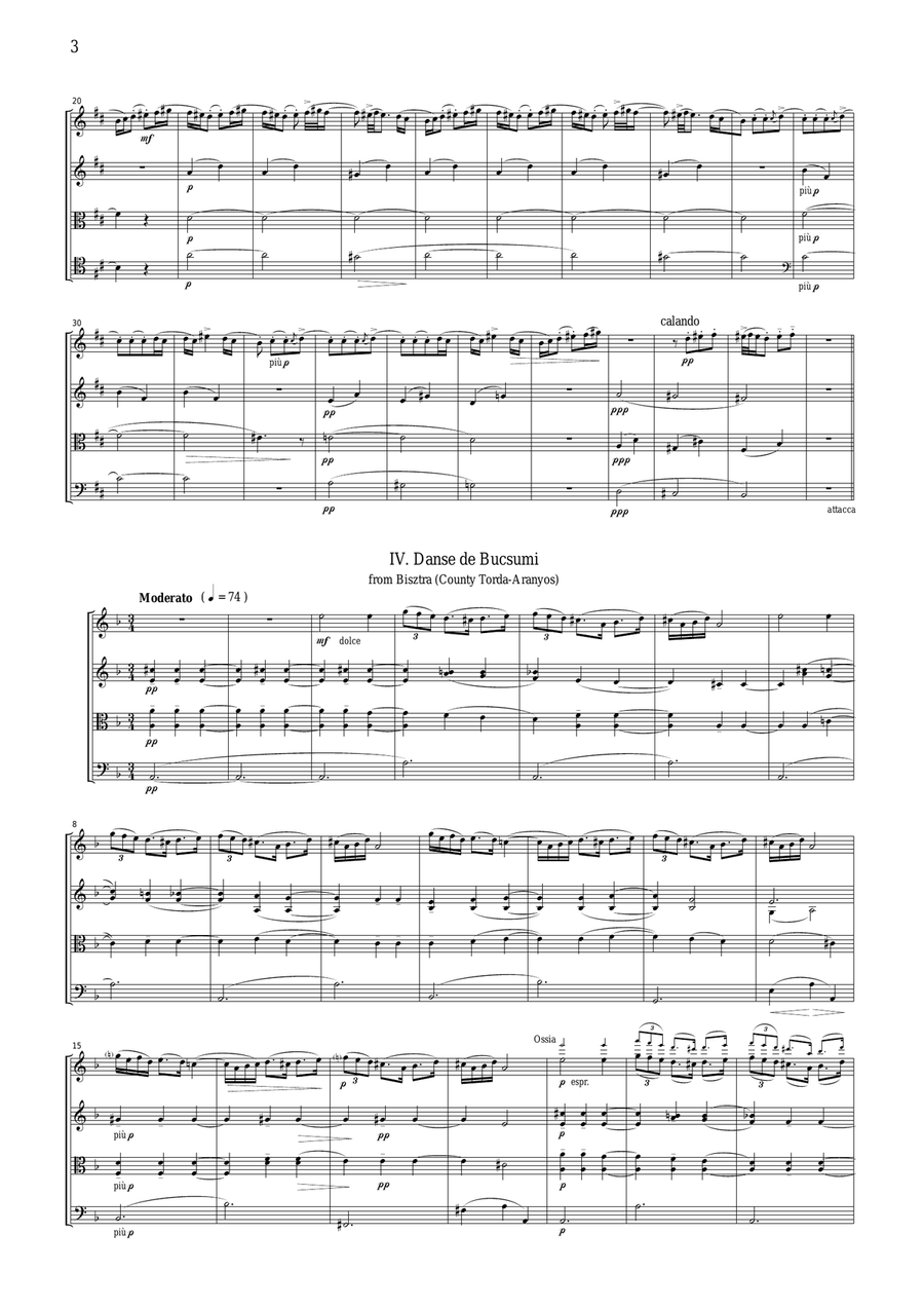 Bartok Rumanian Folk Dances, for string quartet, CB601 String Quartet scores gallery preview page 3