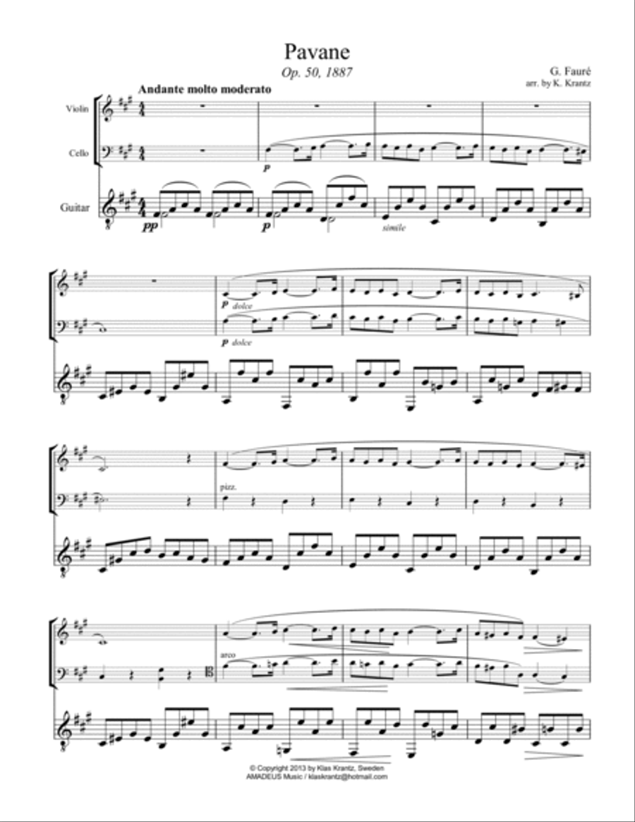 Pavane Op. 50 for violin, cello and guitar Pavane Op. 50 for violin, cello and guitar Cello scores gallery preview page 2