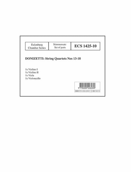 Donizetti String Quartets No. 13-18 String Parts 2 Vlns, Viola and Cello
