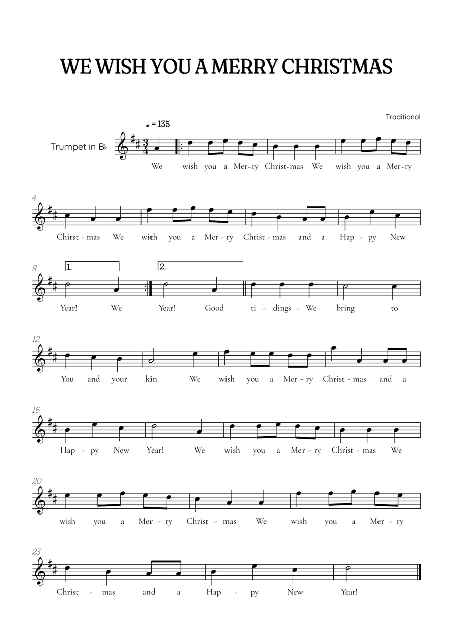 We Wish You a Merry Christmas for trumpet • easy Christmas sheet music B-Flat Trumpet scores gallery preview page 1