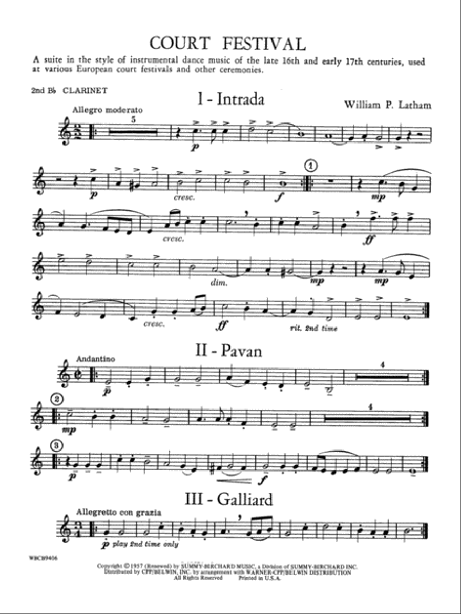 Court Festival (Suite for Concert Band): 2nd B-flat Clarinet Concert Band scores gallery preview page 1