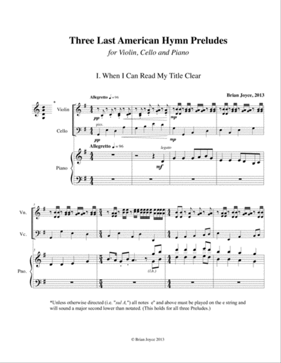 Three Last American Hymn Preludes for Violin, Cello and Piano image number null