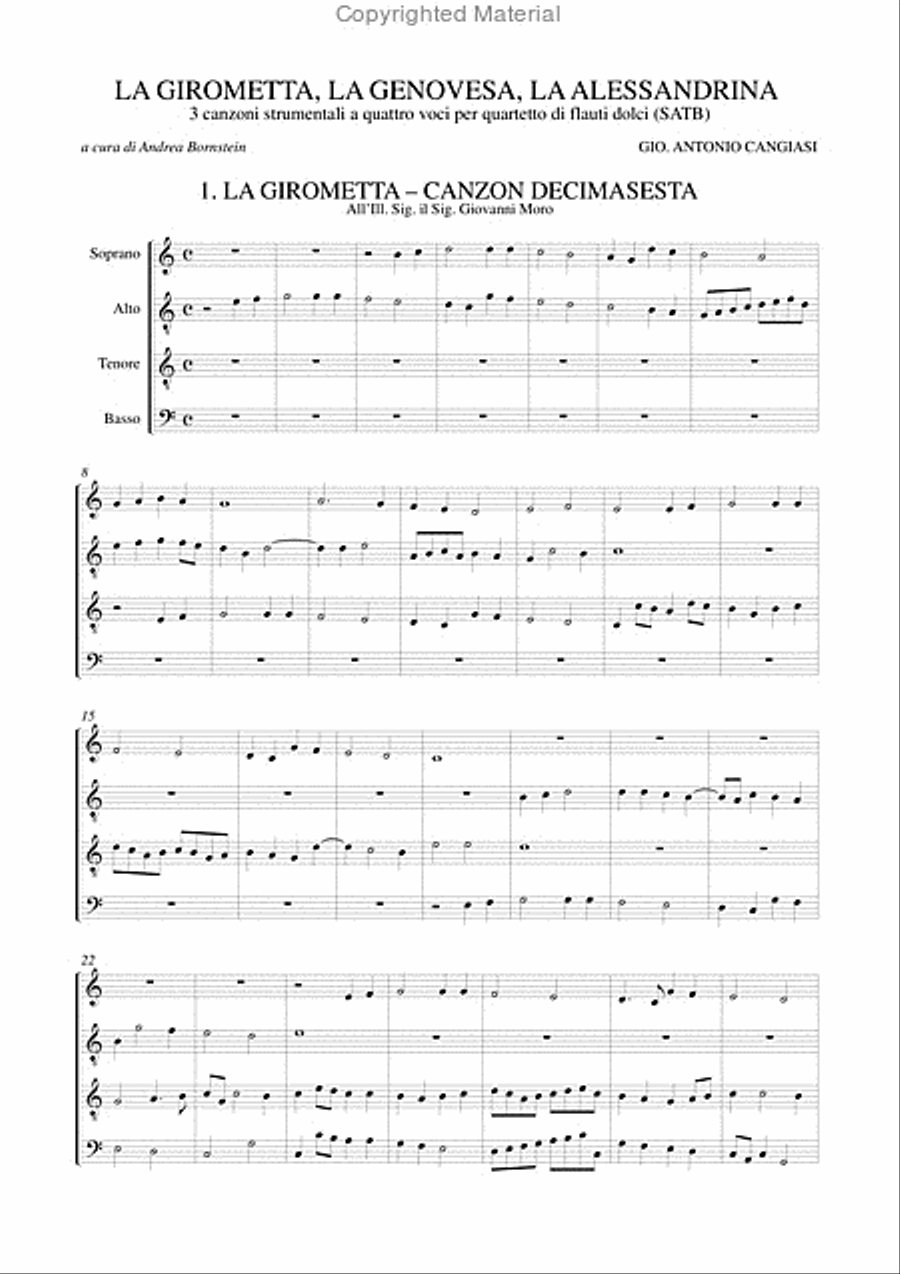 La Girometta, La Genovesa, La Alessandrina. 3 instrumental four-part Canzonas (Milano 1614) for Recorder Quartet (SATB) 4-Part scores gallery preview page 2