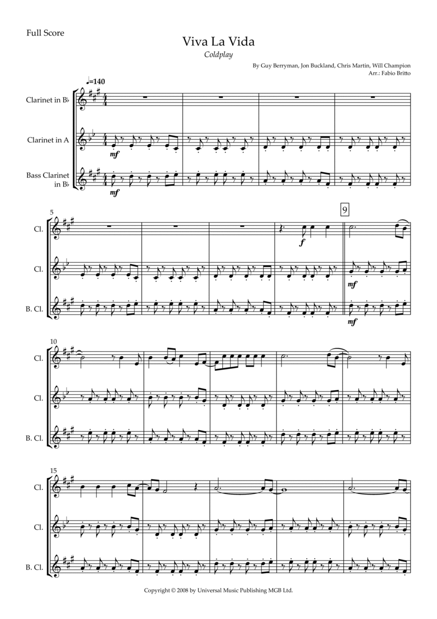 Viva La Vida Viva La Vida Clarinet Trio scores gallery preview page 1