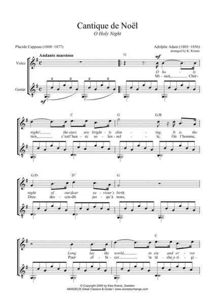 O Holy Night / Cantique de noel for voice and guitar (G Major)