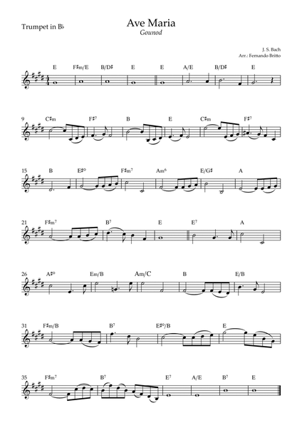 Ave Maria (Gounod) for Trumpet in Bb Solo with Chords (D Major)