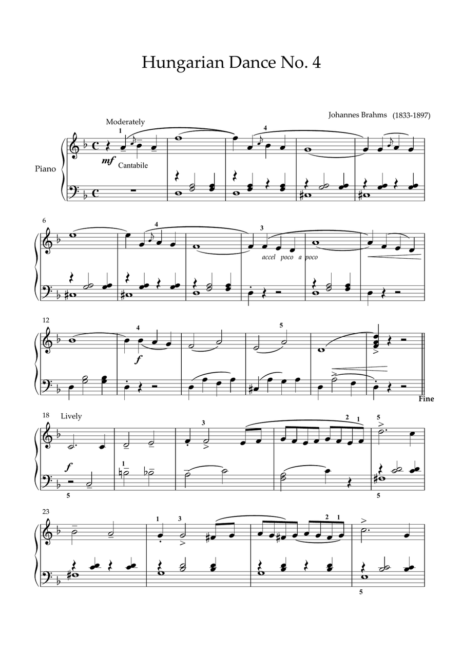 Brahms - Hungarian Dance No. 4(Easy piano arrangement) Easy Piano scores gallery preview page 1
