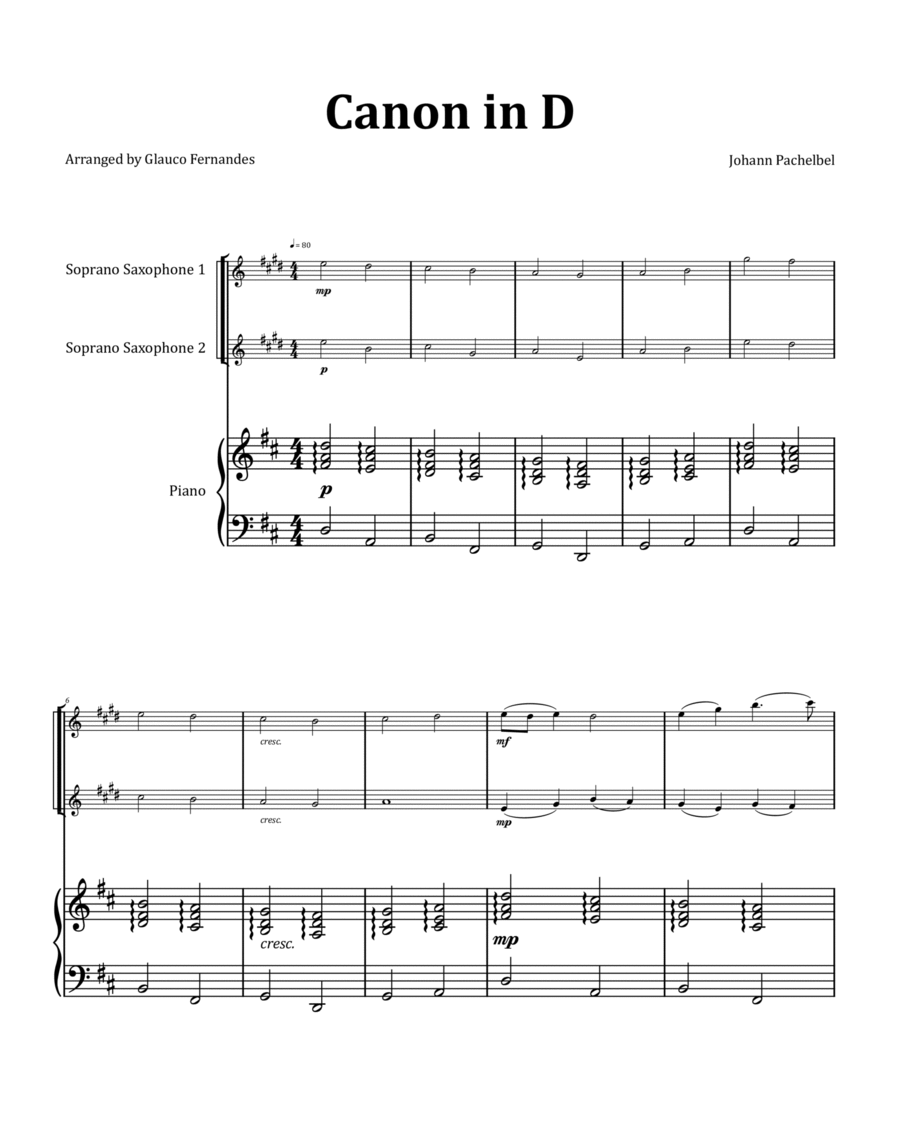 Canon by Pachelbel - Soprano Saxophone Duet with Piano image number null