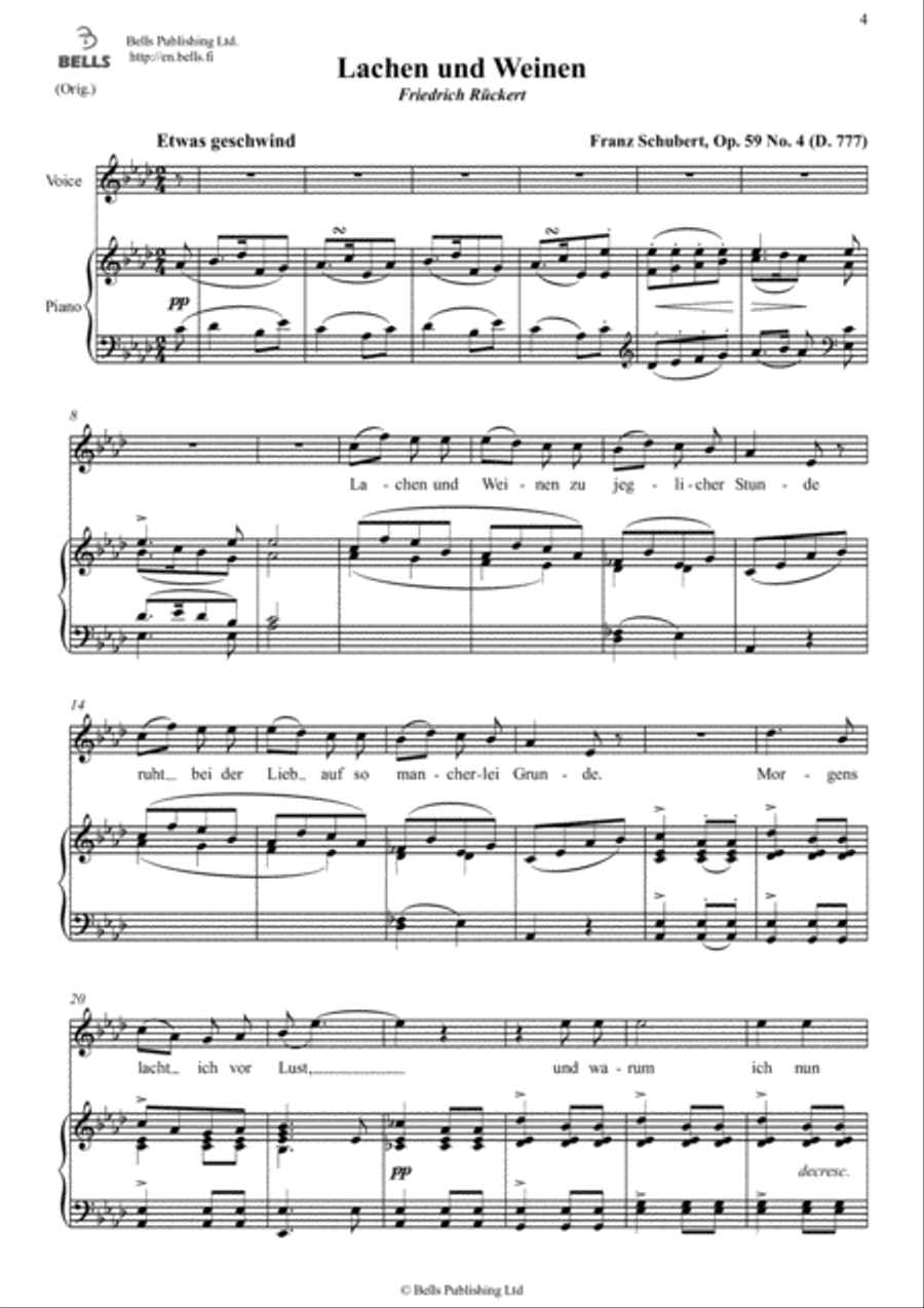 Lachen und Weinen, Op. 59 No. 4 (D. 777) (Original key. A-flat Major) Voice Solo scores gallery preview page 1