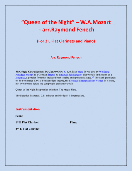 Queen of the Night - From the Magic Flute - 2 E Flat Clarinets and Piano image number null