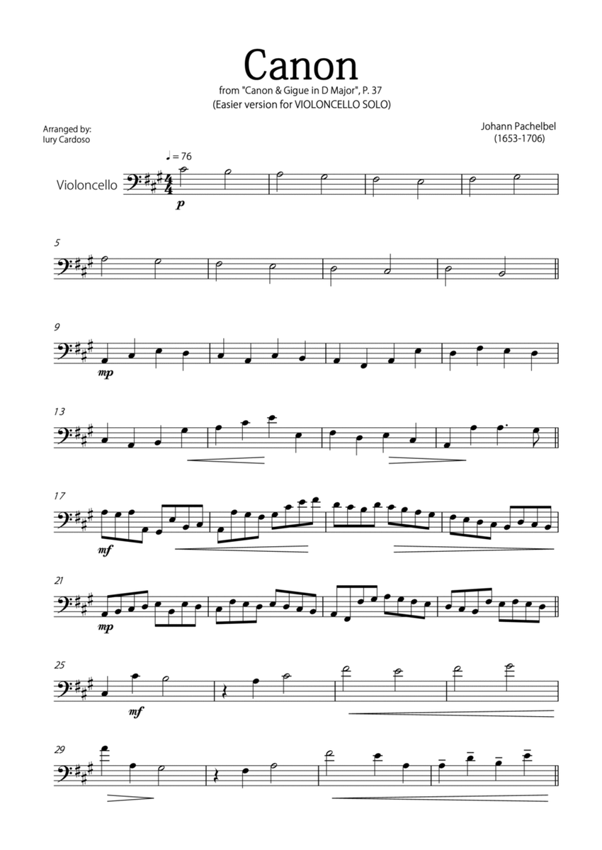 "Canon" by Pachelbel - EASY version for CELLO SOLO. image number null