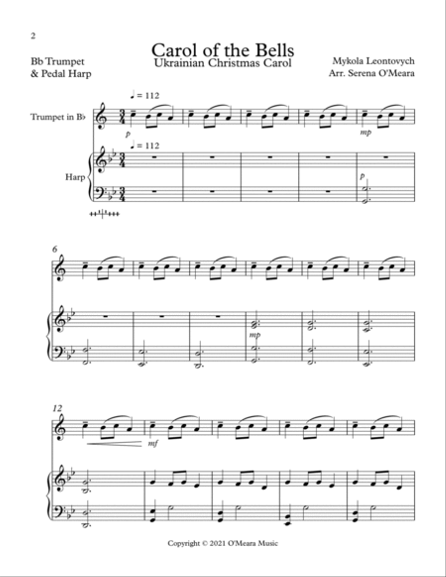 Carol of the Bells, Duet for Bb Trumpet and Pedal Harp image number null