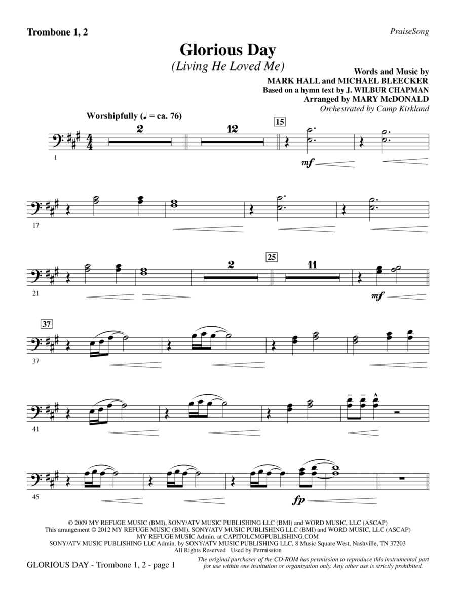 Glorious Day (Living He Loved Me) (arr. Mary McDonald) - Trombone 1 & 2 Choir scores gallery preview page 1