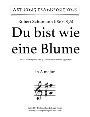 Book cover for SCHUMANN: Du bist wie eine Blume, Op. 25 no. 24 (transposed to A major, A-flat major, and G major)