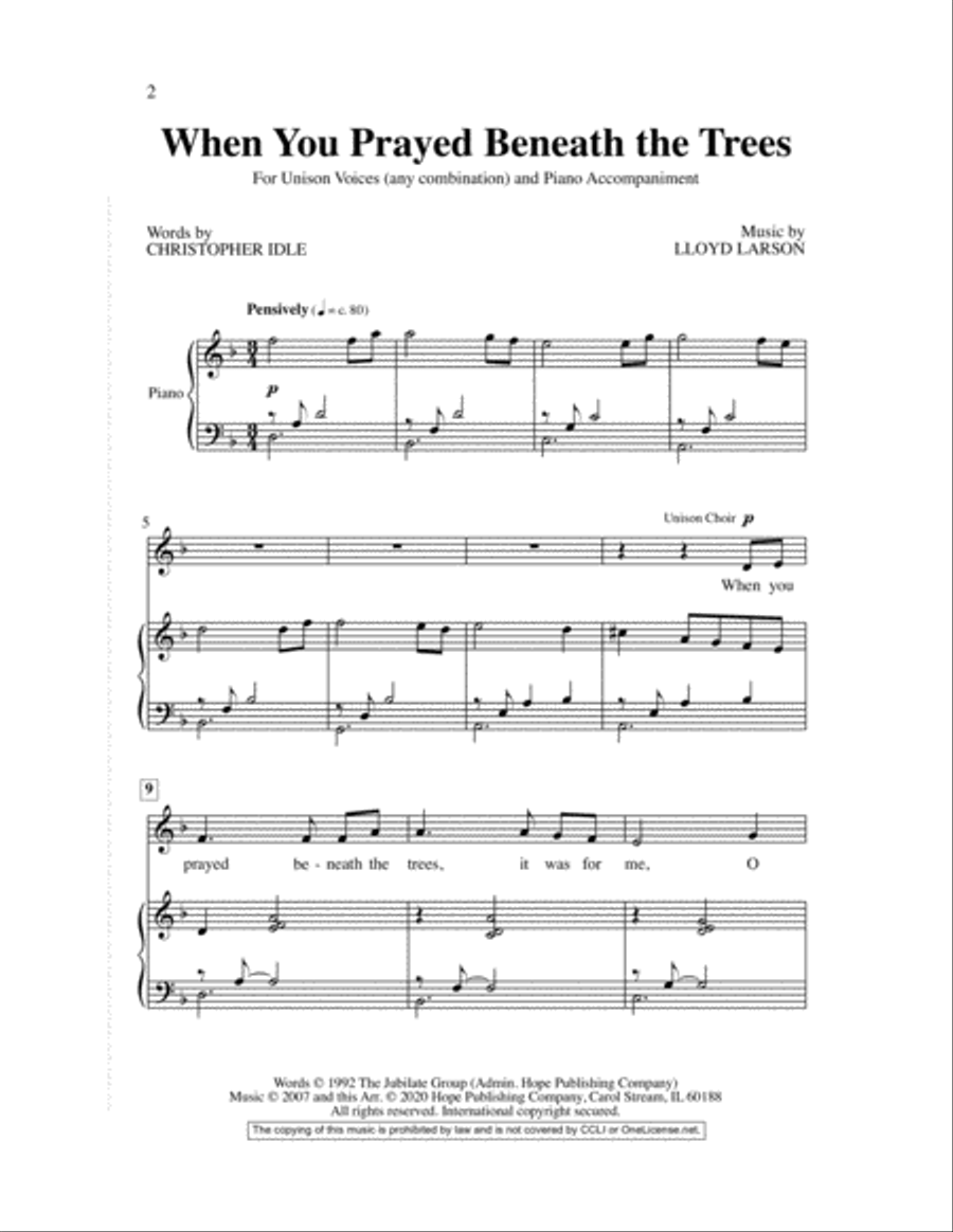 When You Prayed Beneath the Trees Unison Choir scores gallery preview page 2