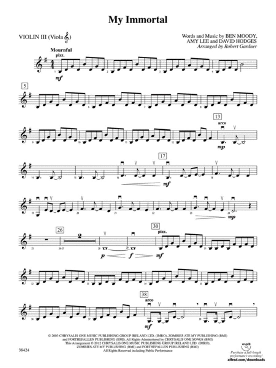 My Immortal: 3rd Violin (Viola [TC]) String Orchestra scores gallery preview page 1