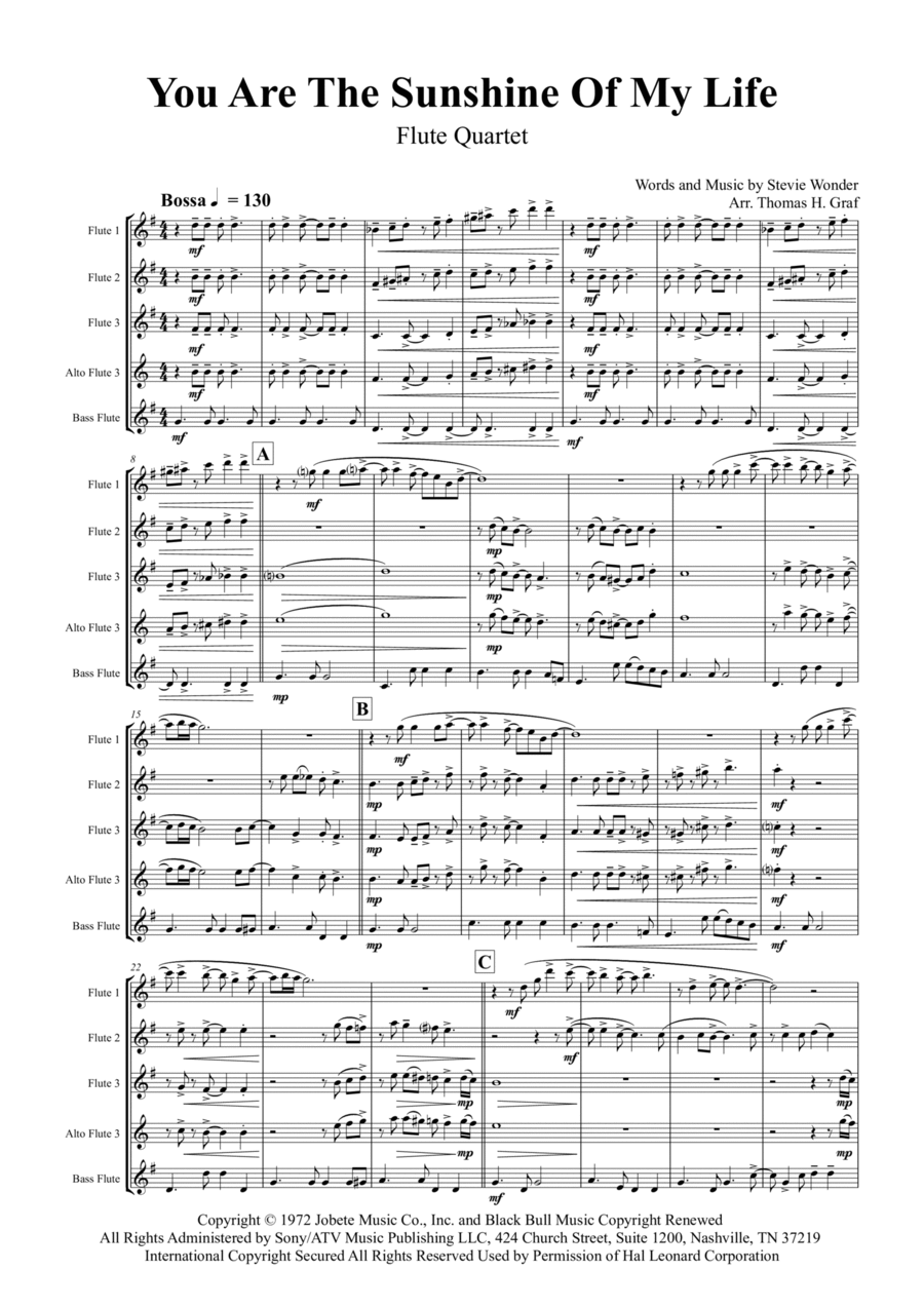 You Are The Sunshine Of My Life Flute Quartet scores gallery preview page 1