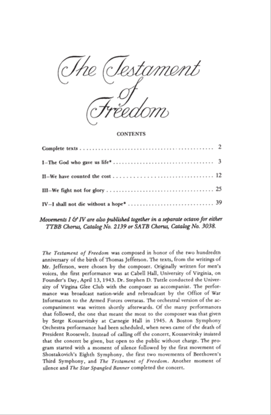 The Testament of Freedom: A Setting of Four Passages from the Writings of Thomas Jefferson (Choral Score)