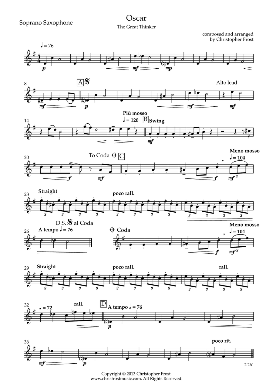 Oscar - The Great Thinker from The Cat Suite (saxophone quartet - SATB) Saxophone Quartet scores gallery preview page 4