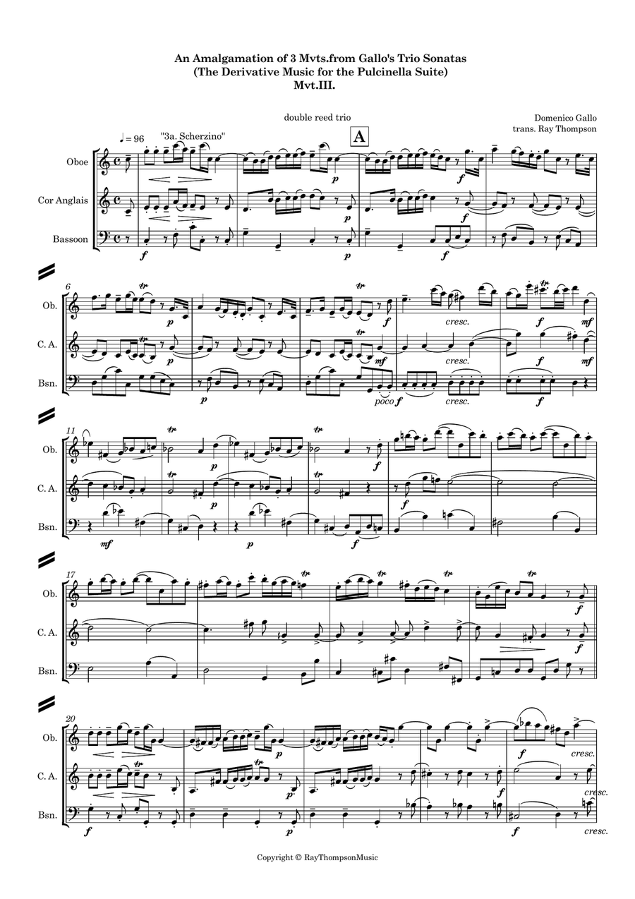 Gallo: 3 movts from 2 Trio Sonatas - Pulcinella Suite III Scherzino - double reed trio Woodwind Trio scores gallery preview page 3