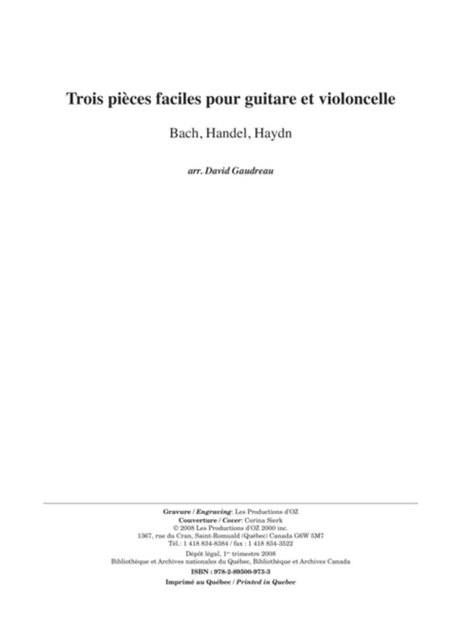 Trois pièces faciles (Bach, Handel, Haydn) Cello scores gallery preview page 1