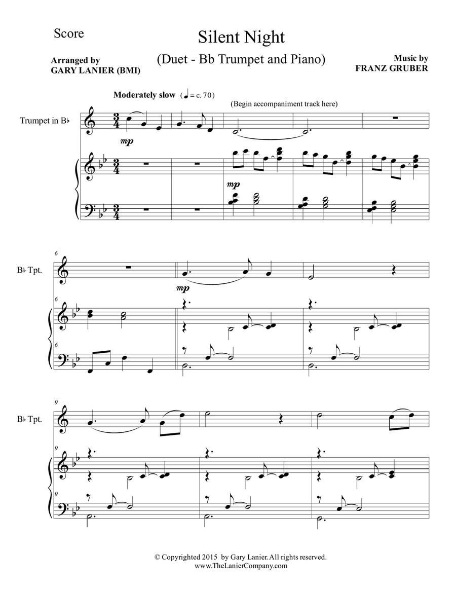 SILENT NIGHT (Duet – Bb Trumpet and Piano/Score and Parts) Trumpet Duet scores gallery preview page 2