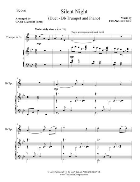 SILENT NIGHT (Duet – Bb Trumpet and Piano/Score and Parts) image number null