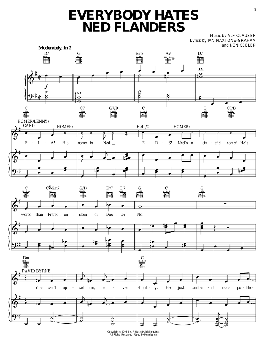 Everybody Hates Ned Flanders Piano, Vocal, Guitar scores gallery preview page 1