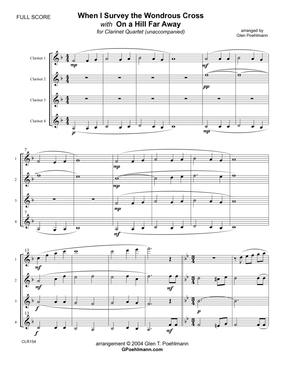 WHEN I SURVEY THE WONDROUS CROSS/ON A HILL FAR AWAY (The Old Rugged Cross) - Clarinet Quartet Woodwind Quartet scores gallery preview page 1