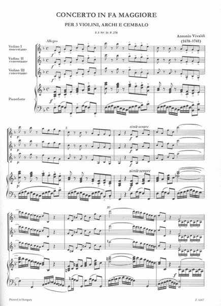Concerto In Fa Maggiore Per 3 Violini, Archi E C by Antonio Vivaldi Piano Accompaniment - Sheet Music