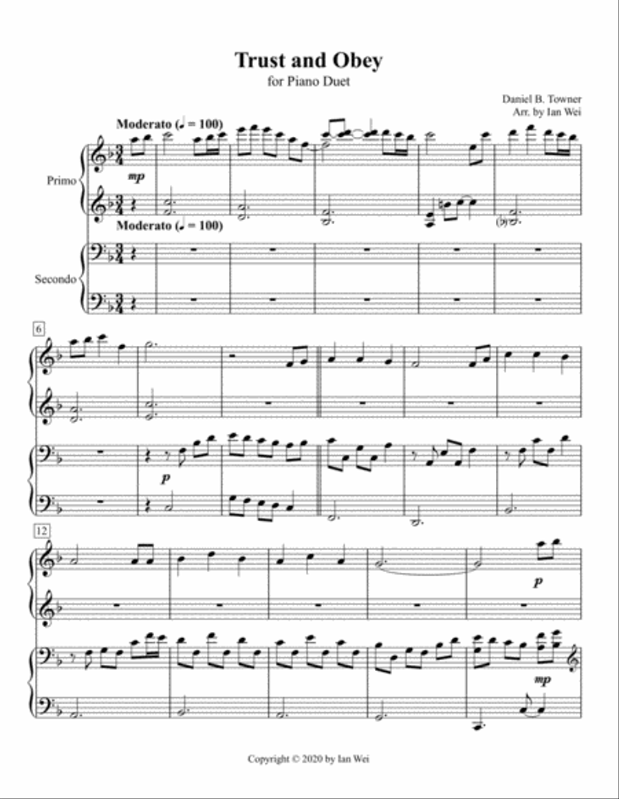 Trust and Obey for Piano Duet 1 Piano, 4-Hands scores gallery preview page 1