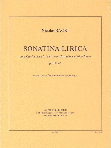 Bacri Nicolas Sonatina Lirica Op 108 No 1 Clarinet In A & Piano Book