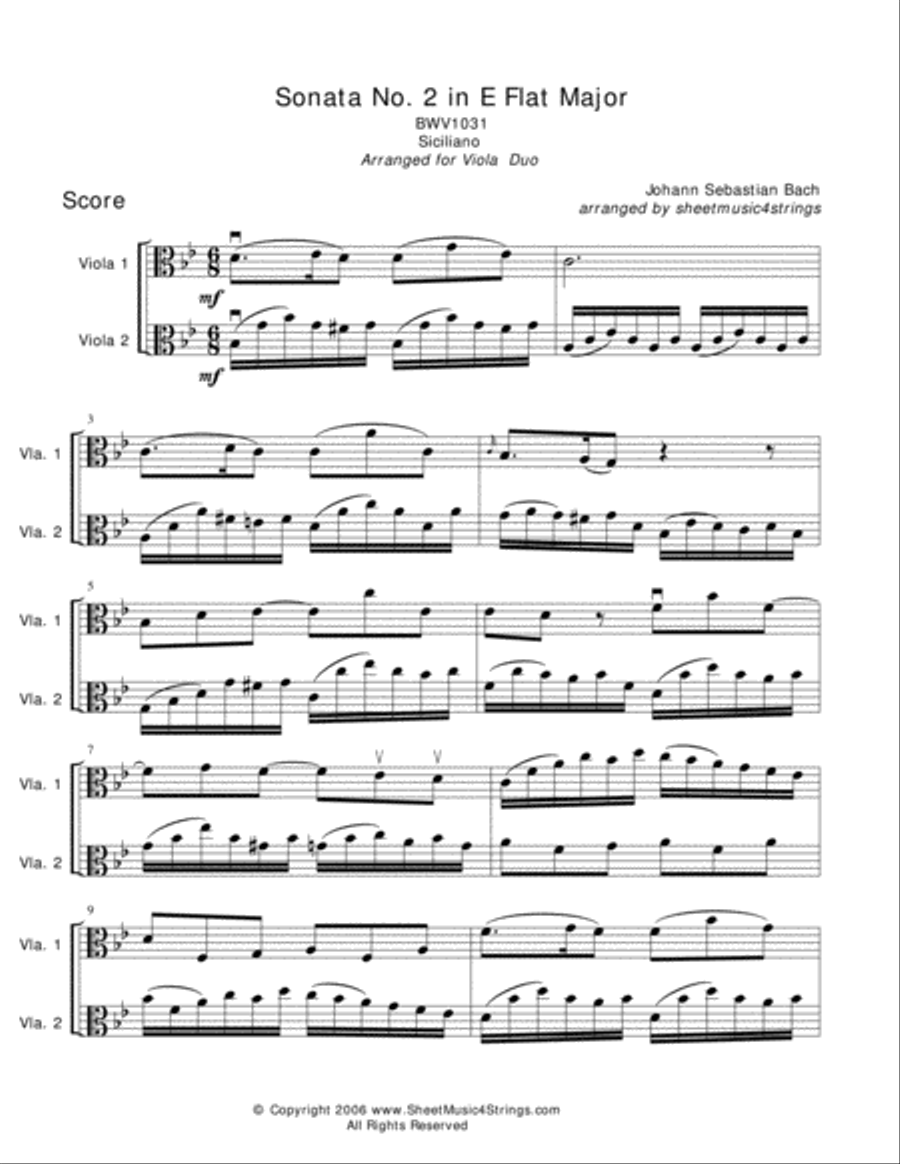 Bach, J.S. - Siciliano for Two Violas String Duet scores gallery preview page 1