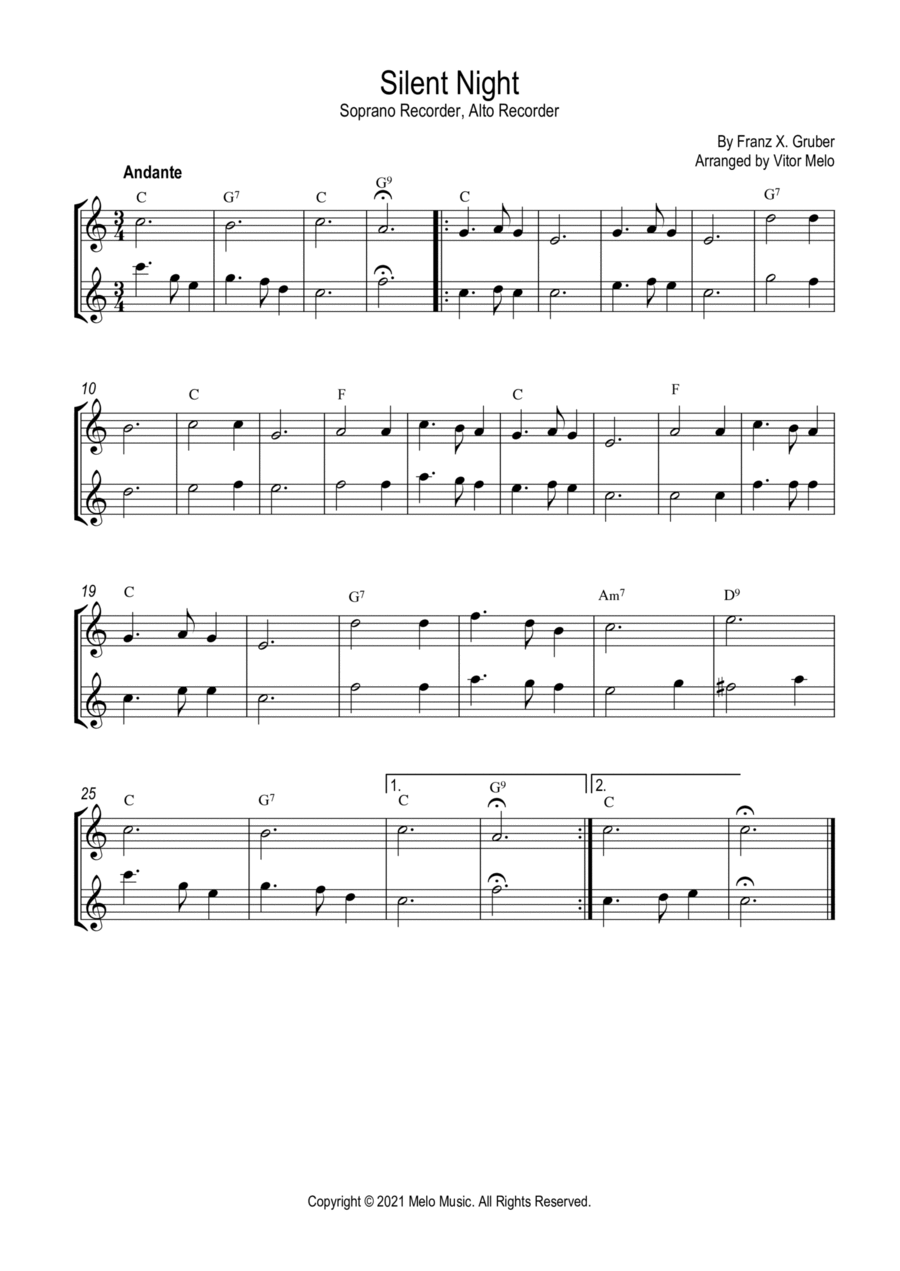Silent Night (Stille Nacht) - Recorder duet (Soprano, Alto) Woodwind Duet scores gallery preview page 1