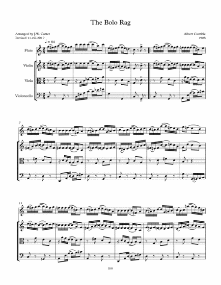 The Bolo Rag, by Albert Gumble (1908) arranged for Flute & String Trio image number null