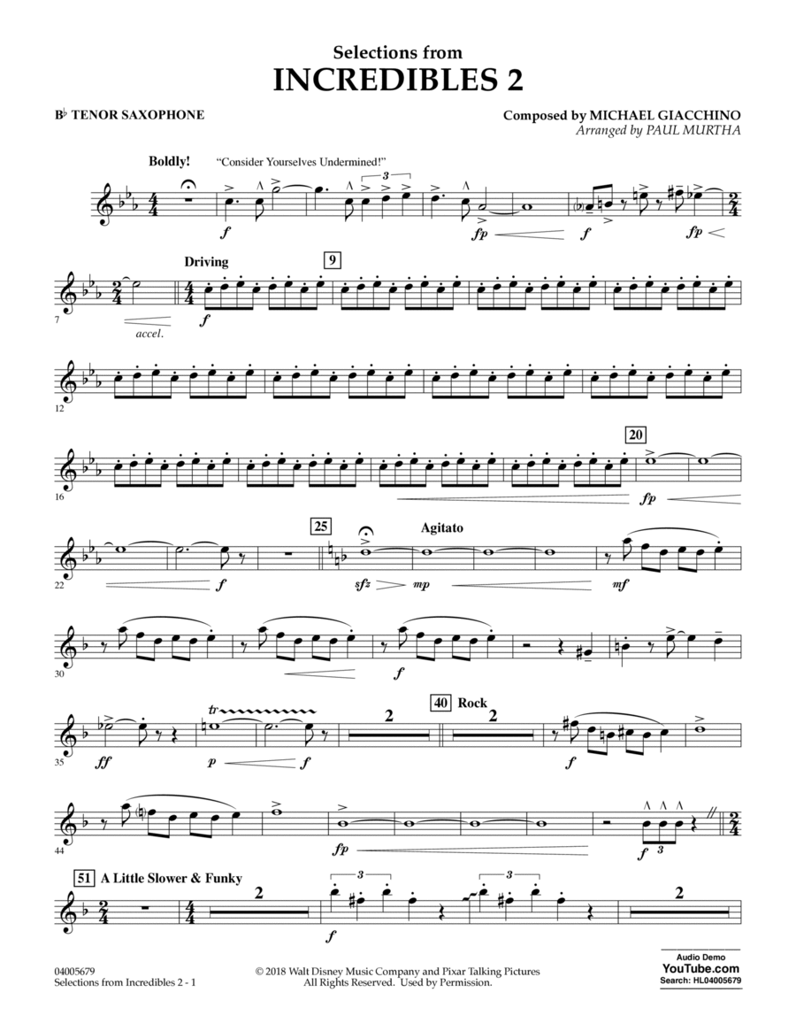 Selections from Incredibles 2 (arr. Paul Murtha) - Bb Tenor Saxophone