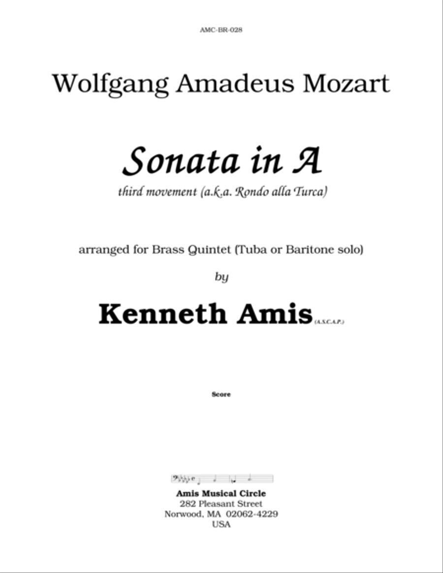 Piano Sonata in A (Third Movement --a.k.a. Turkish March) for brass quintet Horn scores gallery preview page 1