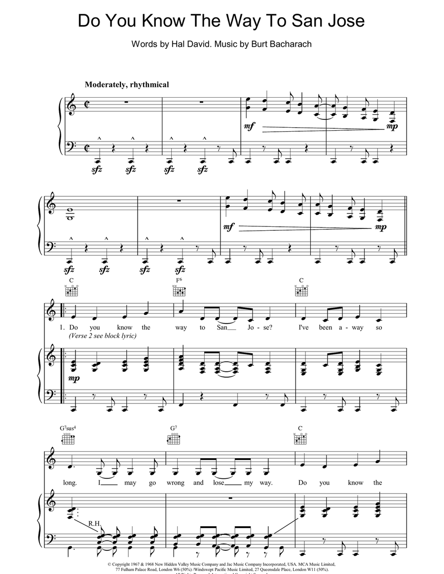 Do You Know The Way To San Jose Piano, Vocal, Guitar scores gallery preview page 1