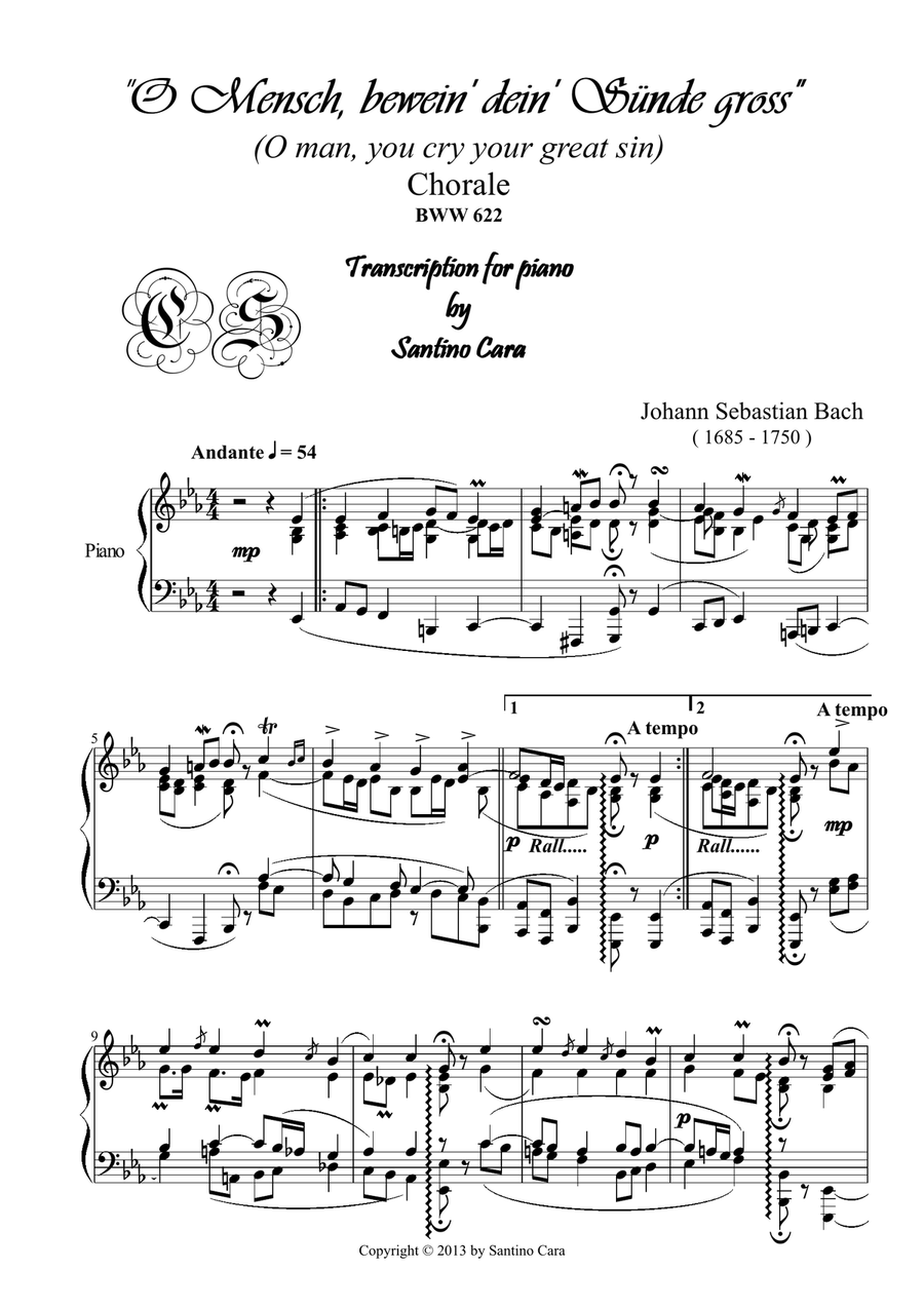 O Mensch, bewein' dein' Sünde gross - Chorale - BWV622 for piano 4-Part scores gallery preview page 1