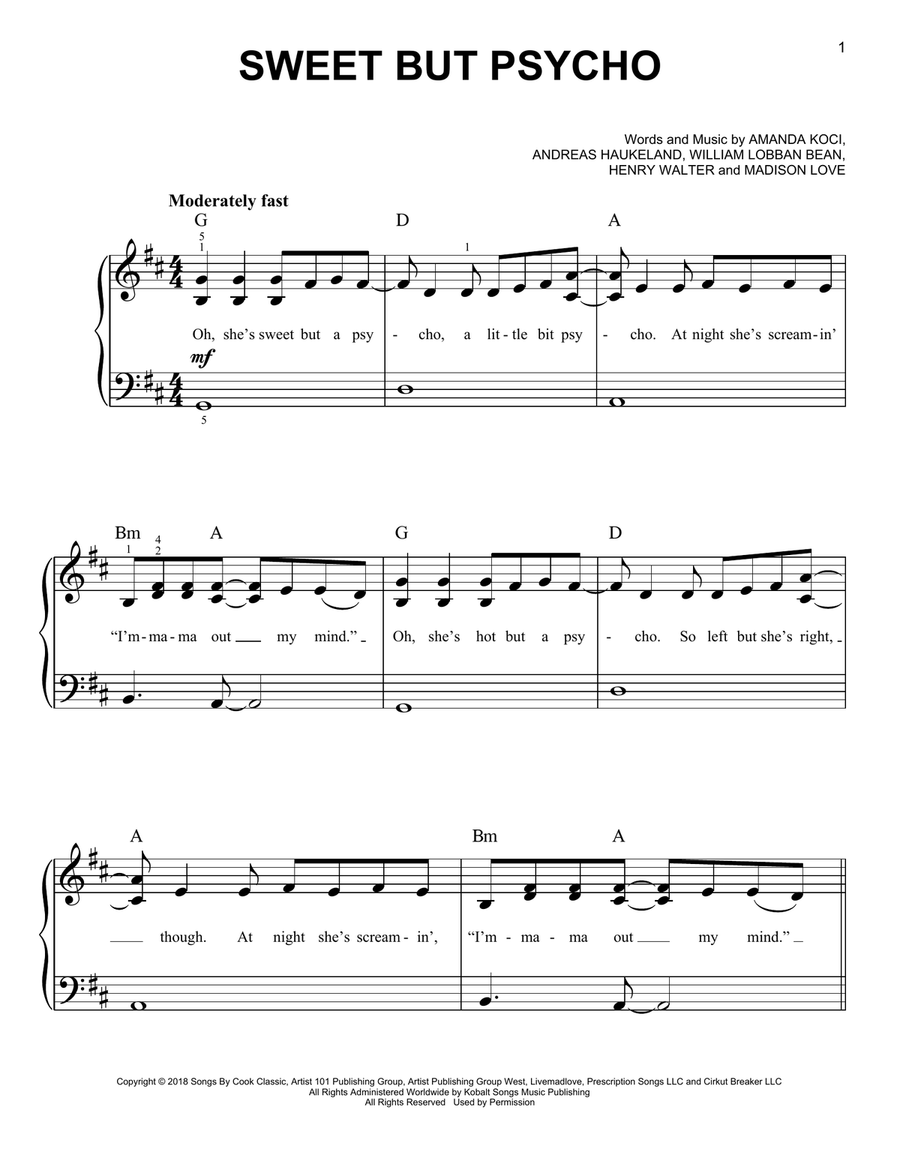 Sweet But Psycho Easy Piano scores gallery preview page 1