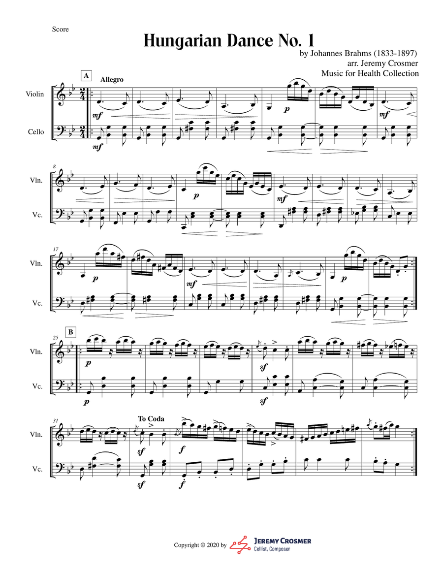 Brahms: Hungarian Dances No. 1, 2 and 5 - Music for Health Duet Violin/Cello String Duet scores gallery preview page 2