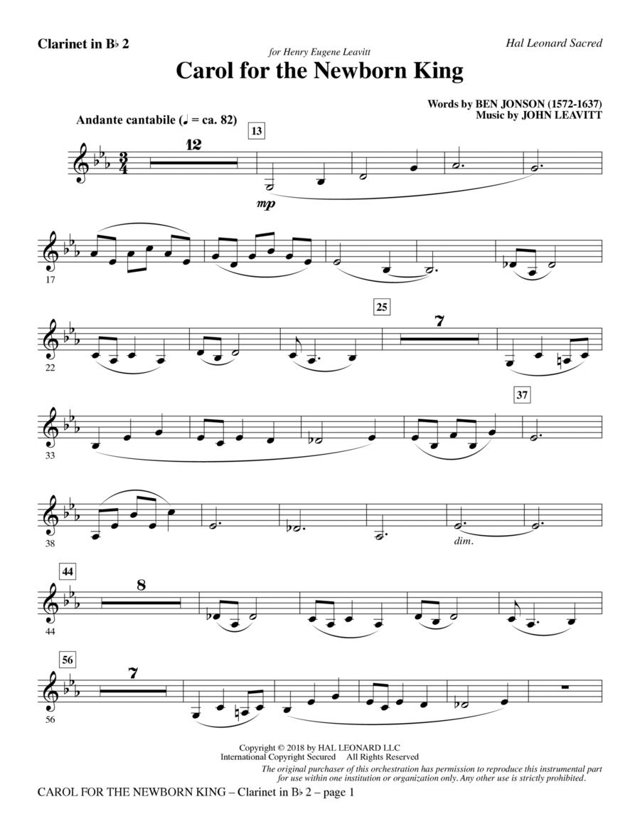 Carol For The Newborn King - Bb Clarinet 2 Choir scores gallery preview page 1